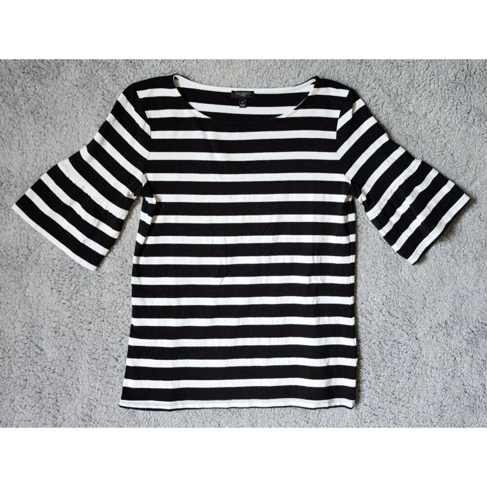 Talbots Women's 3/4 Bell Sleeve Round Neck Top Black White Striped Size P